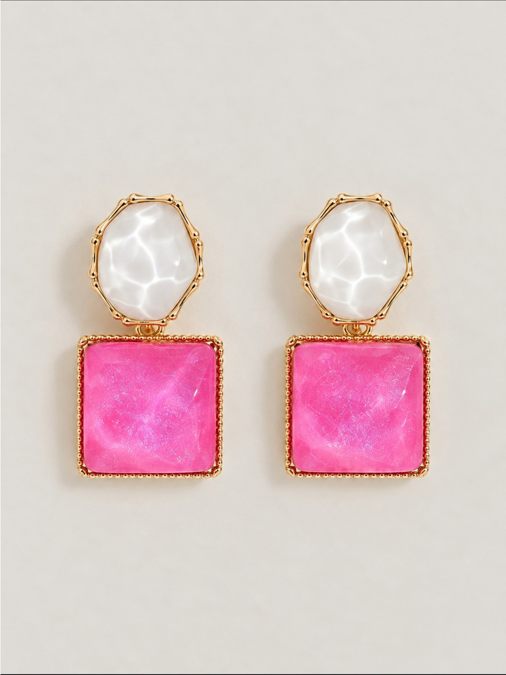 Hot Pink & White Geometric Statement Drop Earrings Gold Tone Square Dangle